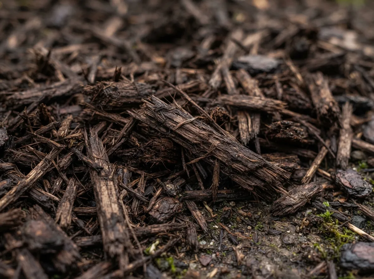 Close-up of dark shredded wood mulch